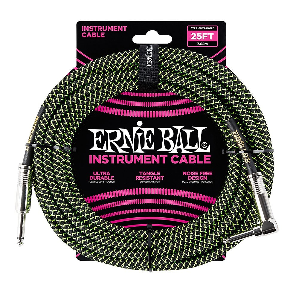 Ernie Ball Right Angle Braided Instrument Cable Neon Green/Black 25ft