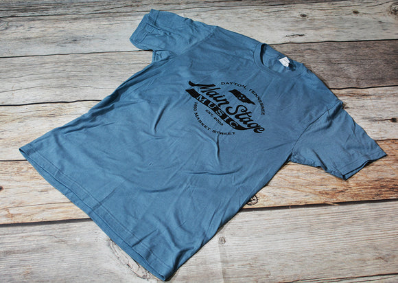 Main Stage Music Script Style Logo T Shirt Light Blue S-2XL