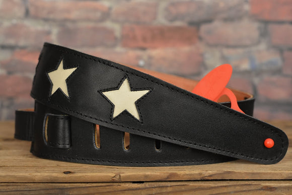 Henry Heller HP23STWH Black Leather Cutout White Stars Guitar Strap