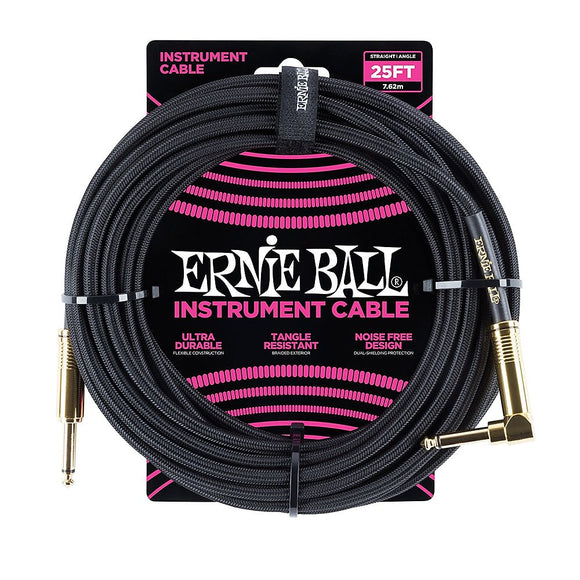 Ernie Ball Right Angle Braided Instrument Cable Black 25ft