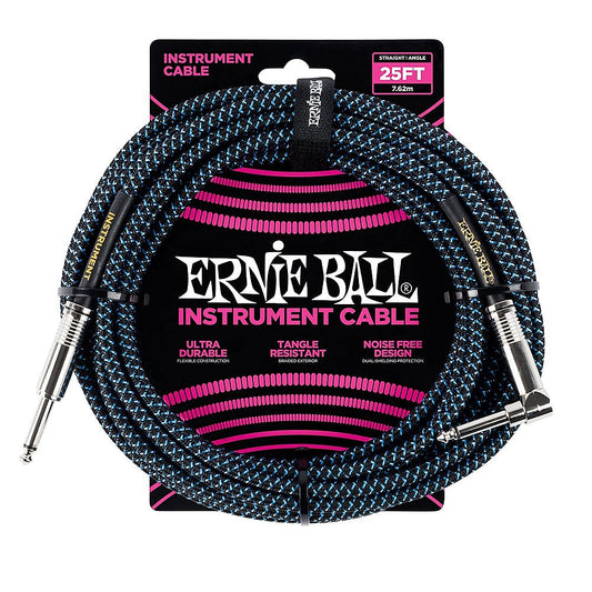 Ernie Ball Right Angle Braided Instrument Cable Blue/Black 25ft