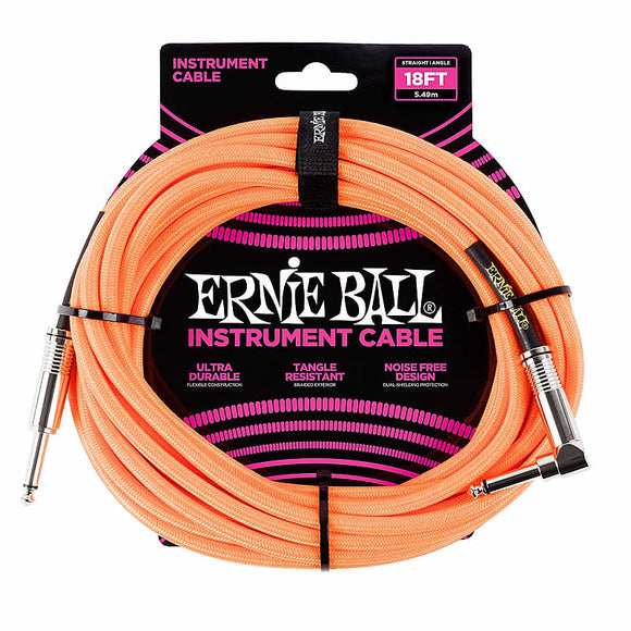 Ernie Ball Right Angle Braided Instrument Cable Neon Orange 18ft