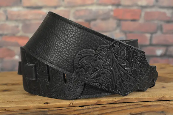 Franklin FSWT-BK-BK Original Leather Series Premium Guitar Strap Black Tooled ends