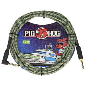 Pig Hog Jamaican Green Vintage Instrument Cable 10ft Right Angle