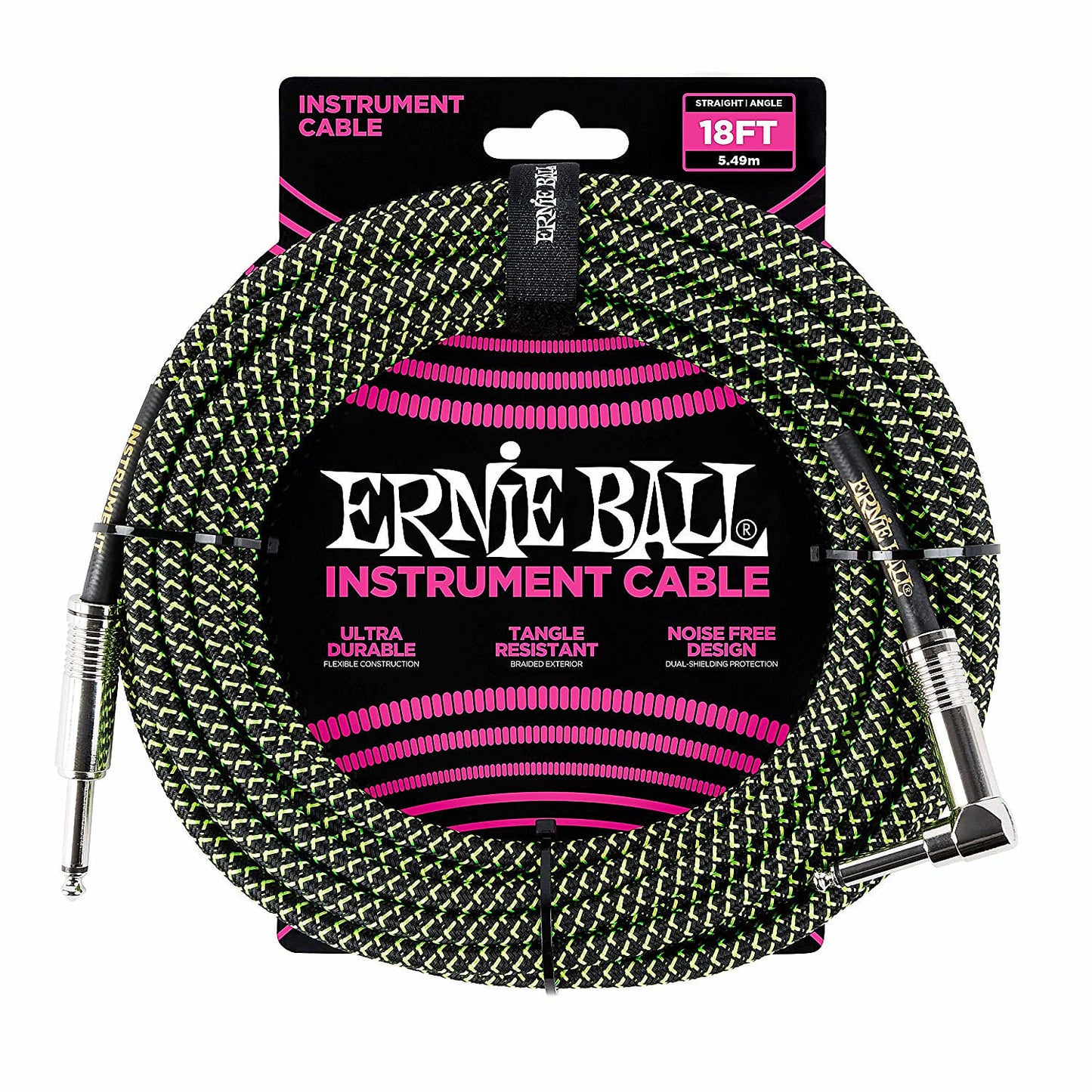 Ernie Ball Right Angle Braided Instrument Cable Neon Green/Black 18ft