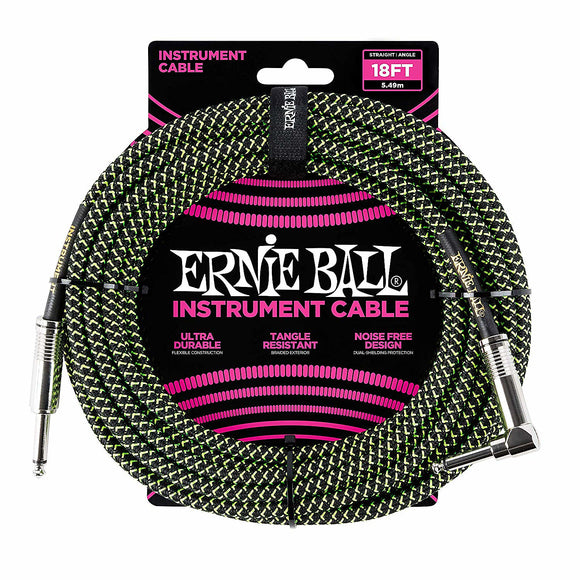 Ernie Ball Right Angle Braided Instrument Cable Neon Green/Black 18ft