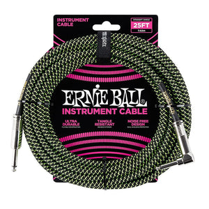 Ernie Ball Right Angle Braided Instrument Cable Neon Green/Black 25ft