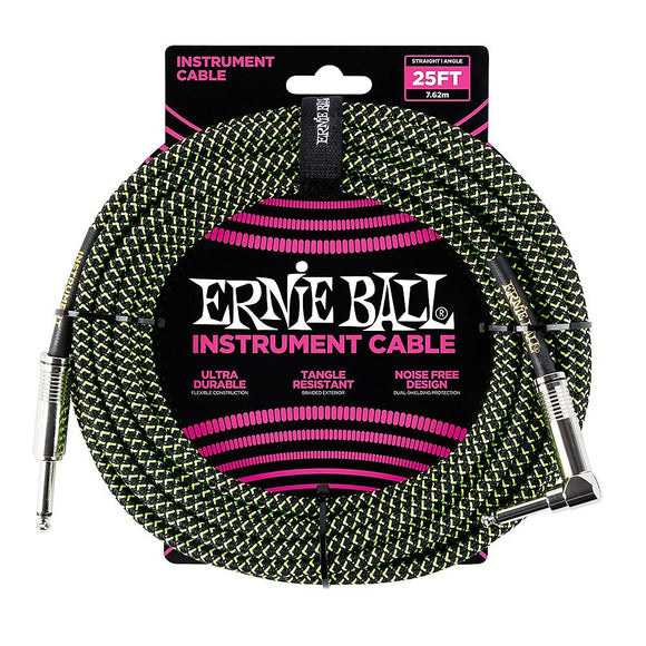 Ernie Ball Right Angle Braided Instrument Cable Neon Green/Black 25ft