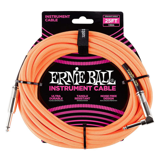 Ernie Ball Right Angle Braided Instrument Cable Neon Orange 25ft