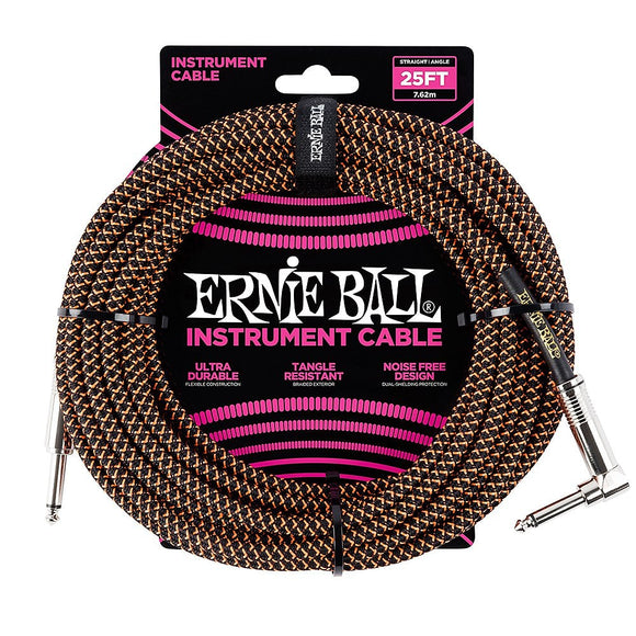 Ernie Ball Right Angle Braided Instrument Cable Neon Orange/Black 25ft