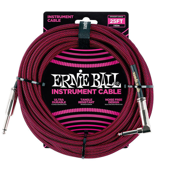 Ernie Ball Right Angle Braided Instrument Cable Red/Black 25ft