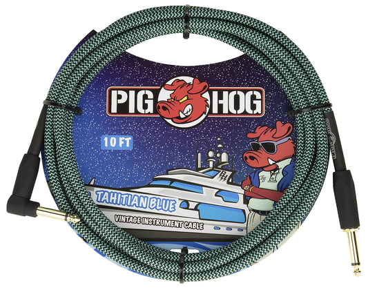 Pig Hog Tahitian Blue Vintage Instrument Cable 10ft Right Angle