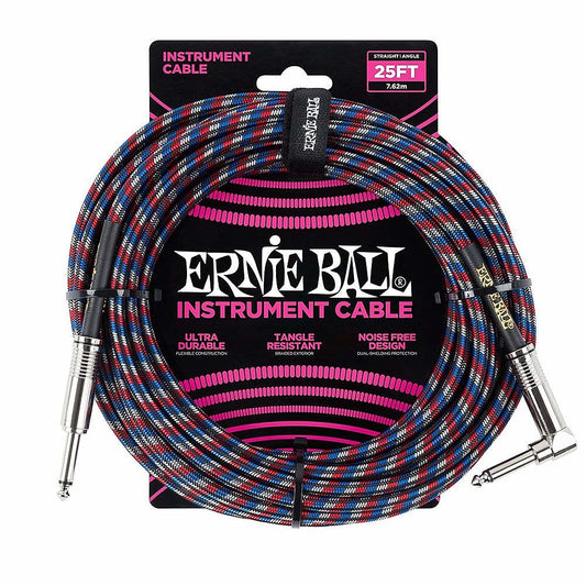Ernie Ball Right Angle Braided Instrument Cable Red/White/Blue/Black 25ft